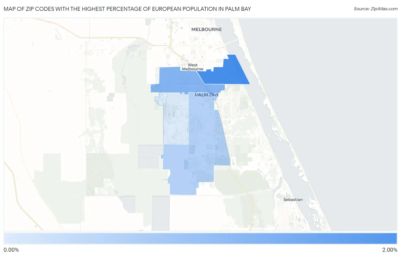 Zip Codes with the Highest Percentage of European Population in Palm Bay Map