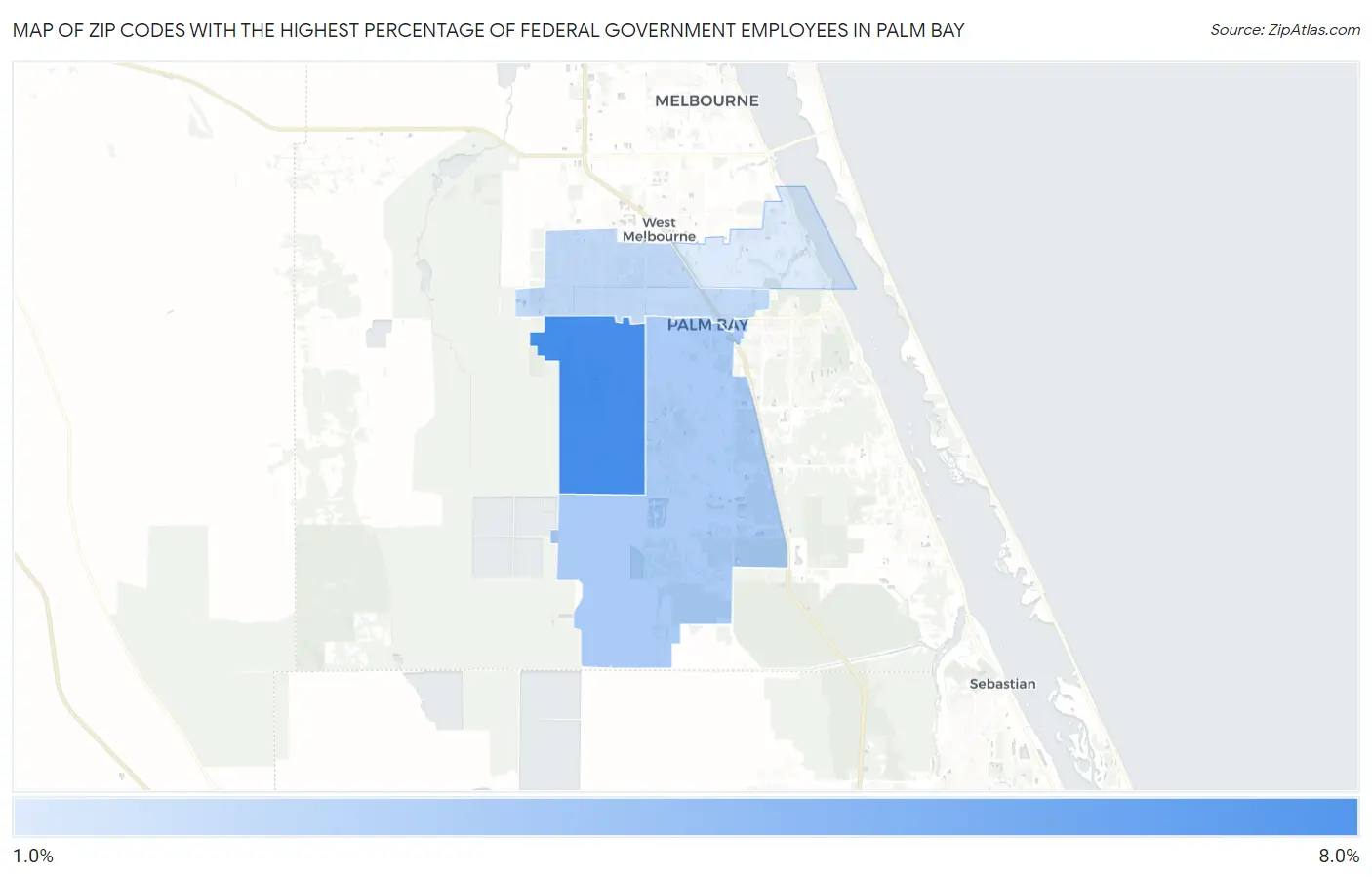 Zip Codes with the Highest Percentage of Federal Government Employees in Palm Bay Map