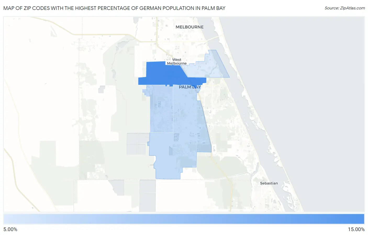 Zip Codes with the Highest Percentage of German Population in Palm Bay Map