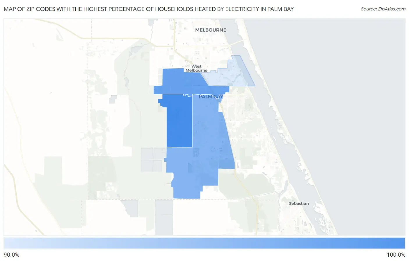 Zip Codes with the Highest Percentage of Households Heated by Electricity in Palm Bay Map