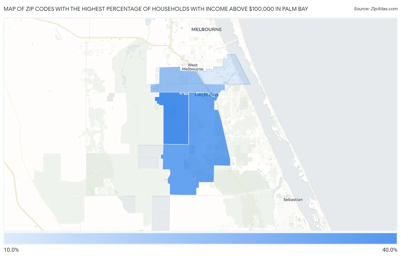 Zip Codes with the Highest Percentage of Households with Income Above $100,000 in Palm Bay Map