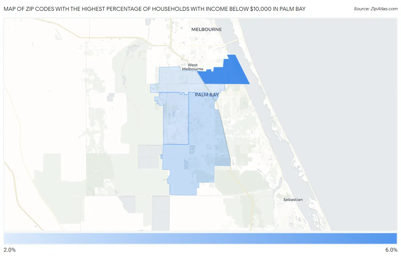 Zip Codes with the Highest Percentage of Households with Income Below $10,000 in Palm Bay Map