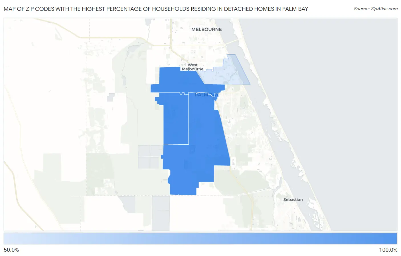 Zip Codes with the Highest Percentage of Households Residing in Detached Homes in Palm Bay Map