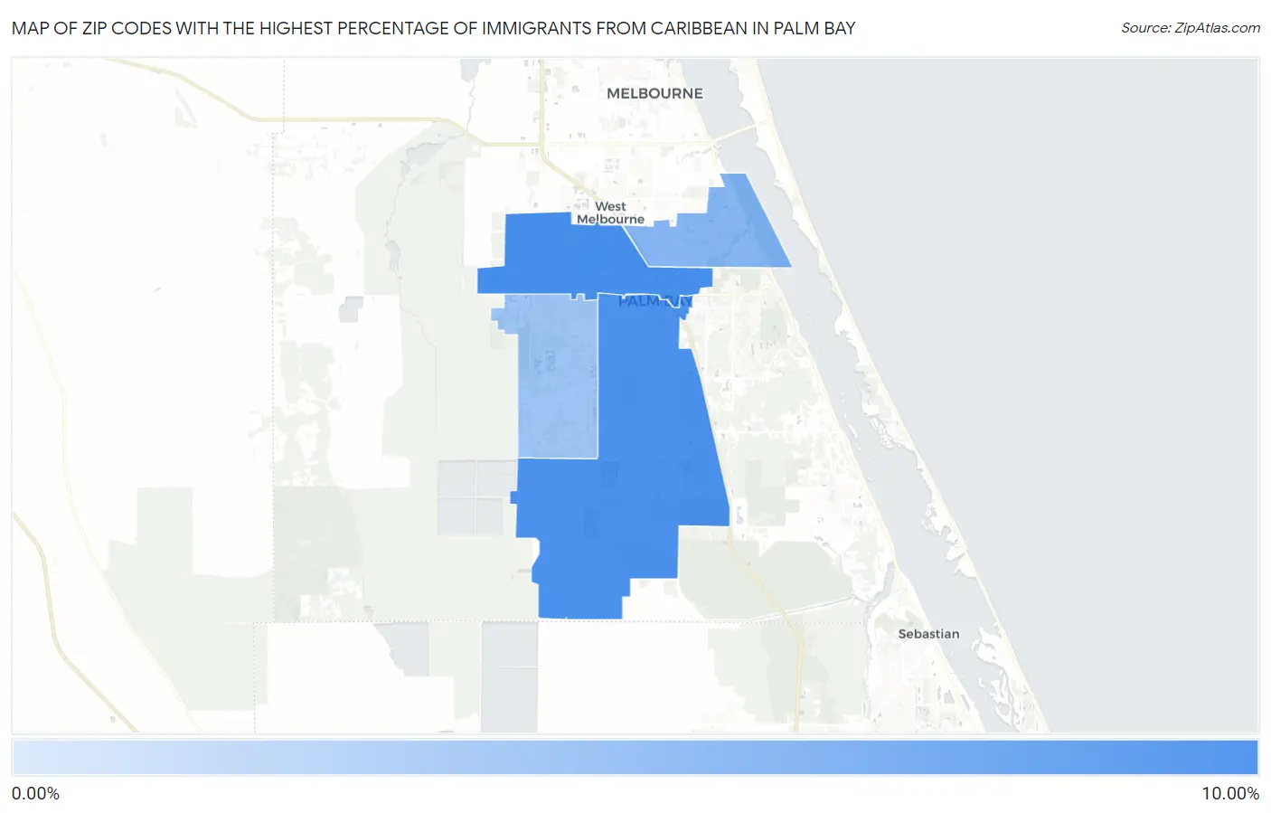 Zip Codes with the Highest Percentage of Immigrants from Caribbean in Palm Bay Map