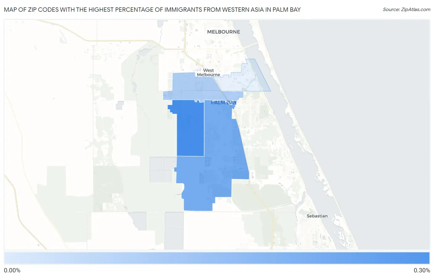 Zip Codes with the Highest Percentage of Immigrants from Western Asia in Palm Bay Map