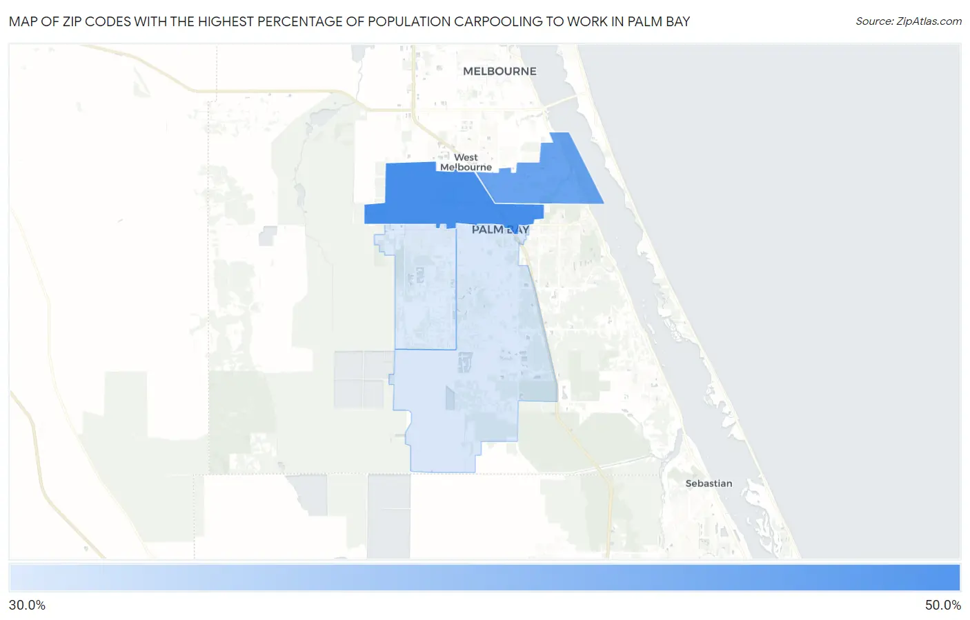 Zip Codes with the Highest Percentage of Population Carpooling to Work in Palm Bay Map