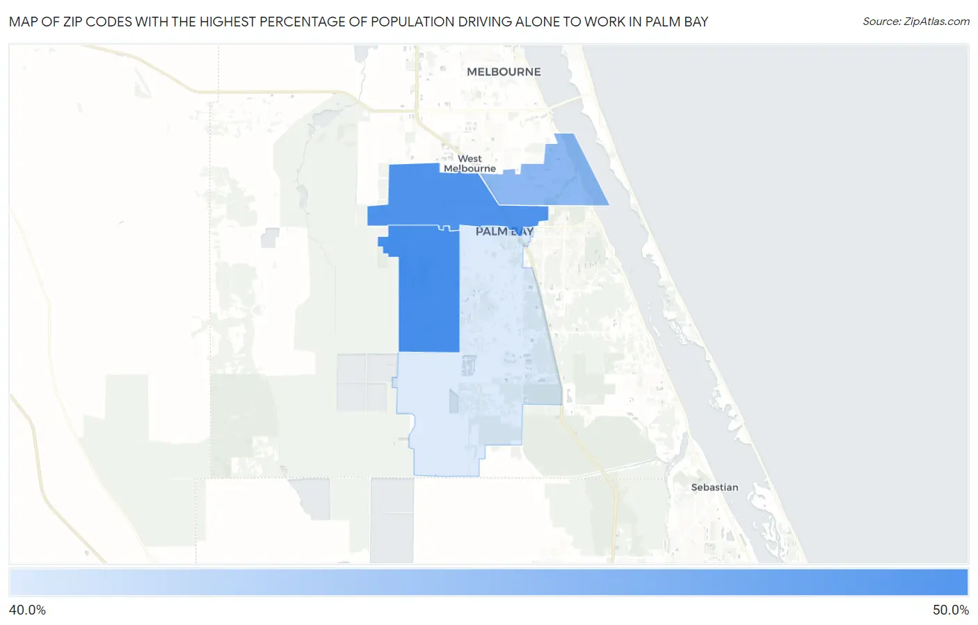 Zip Codes with the Highest Percentage of Population Driving Alone to Work in Palm Bay Map