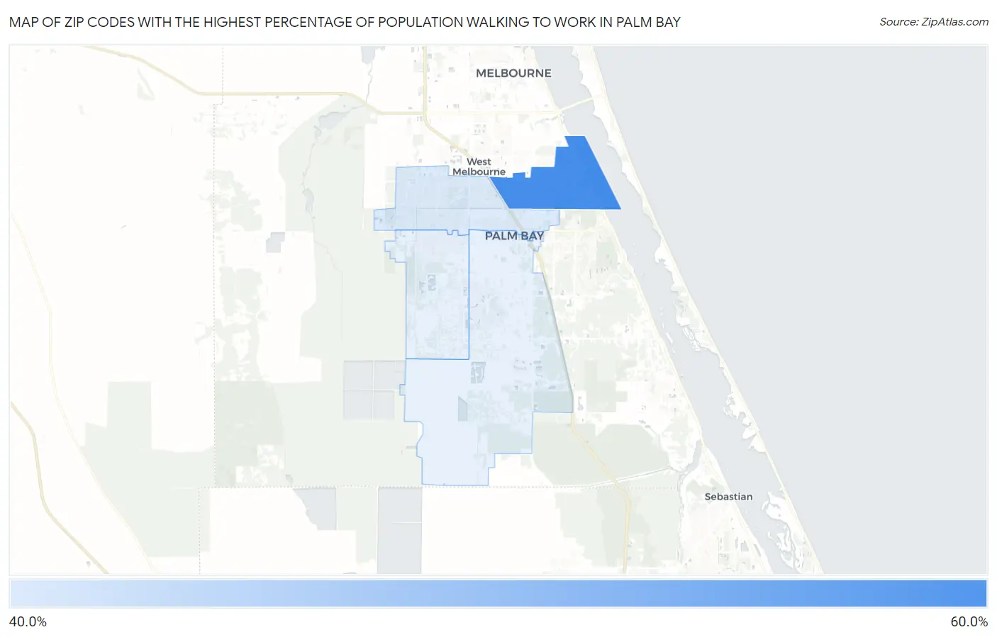 Zip Codes with the Highest Percentage of Population Walking to Work in Palm Bay Map