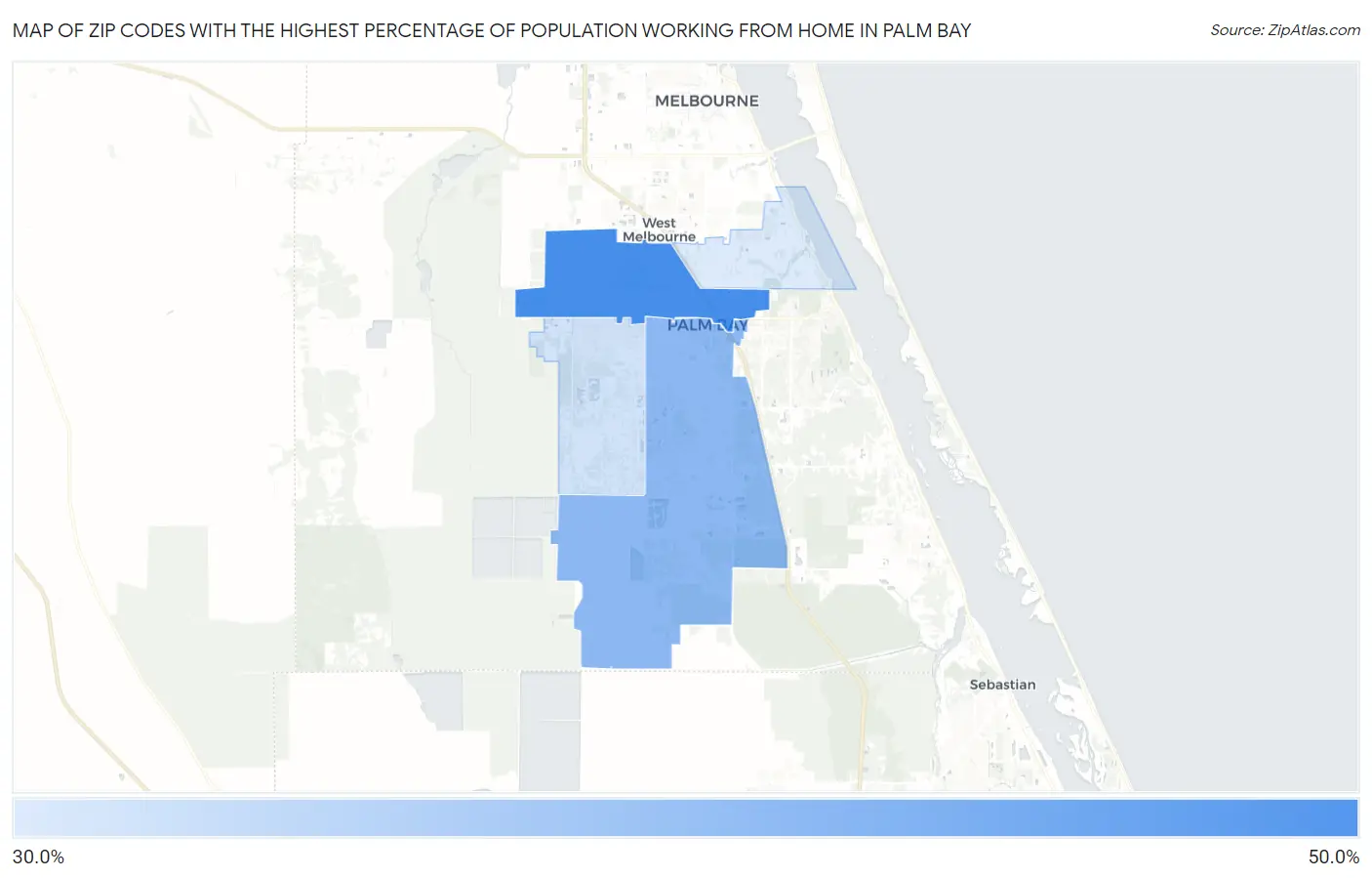 Zip Codes with the Highest Percentage of Population Working from Home in Palm Bay Map
