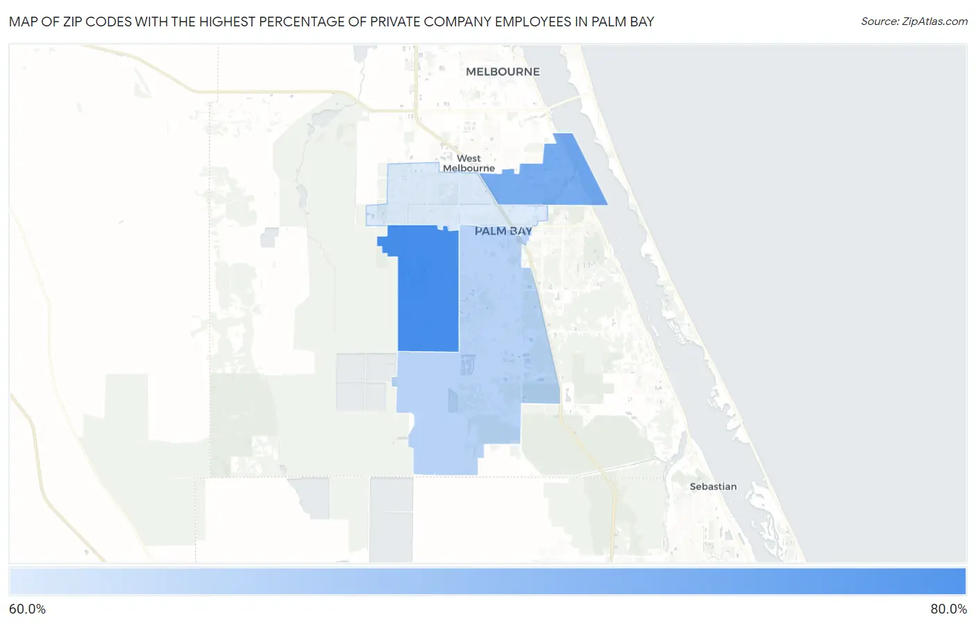 Zip Codes with the Highest Percentage of Private Company Employees in Palm Bay Map