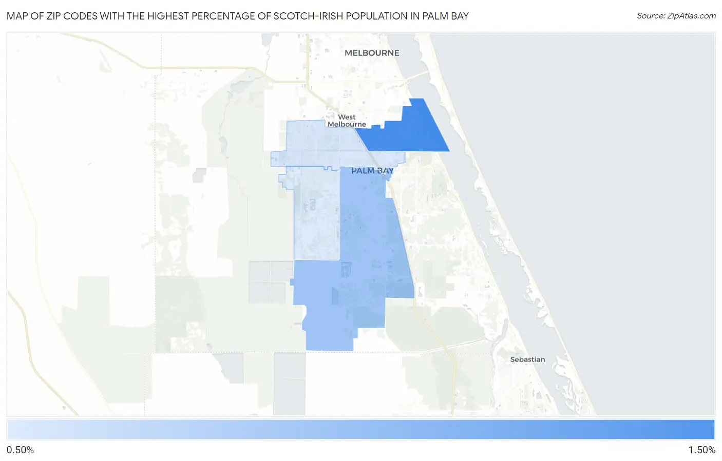 Zip Codes with the Highest Percentage of Scotch-Irish Population in Palm Bay Map