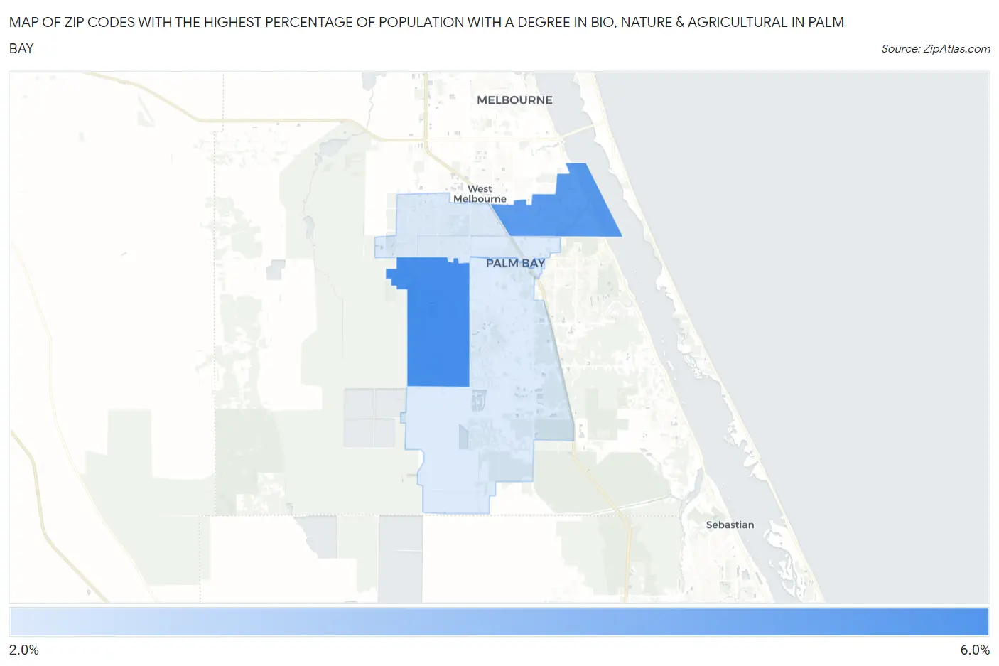 Zip Codes with the Highest Percentage of Population with a Degree in Bio, Nature & Agricultural in Palm Bay Map