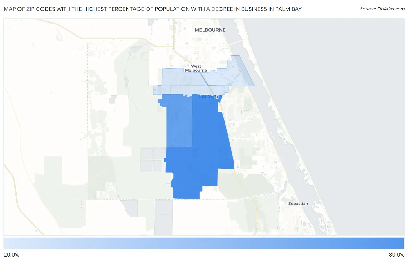 Zip Codes with the Highest Percentage of Population with a Degree in Business in Palm Bay Map