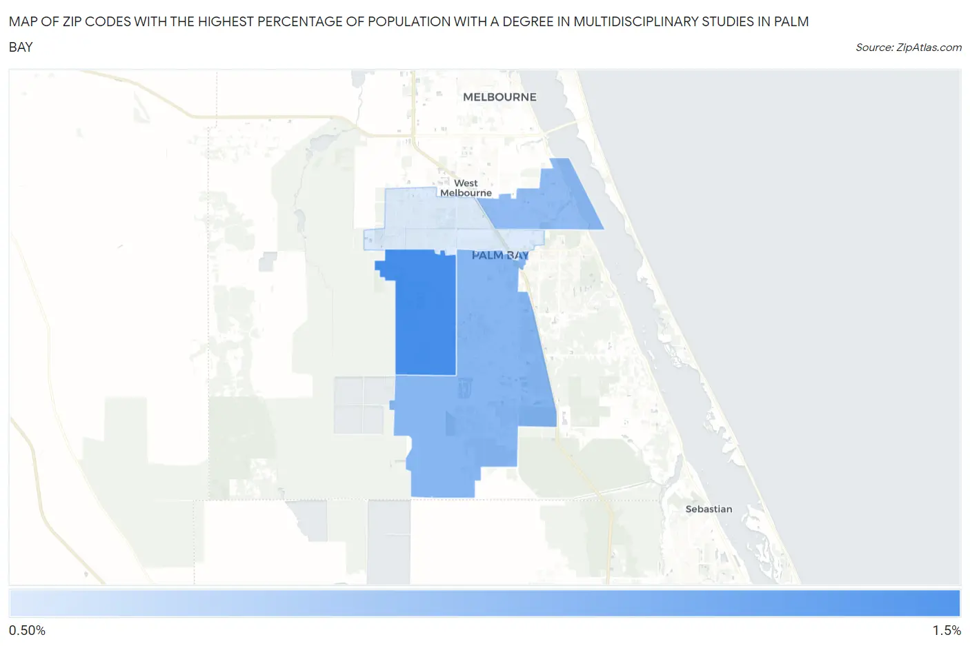 Zip Codes with the Highest Percentage of Population with a Degree in Multidisciplinary Studies in Palm Bay Map