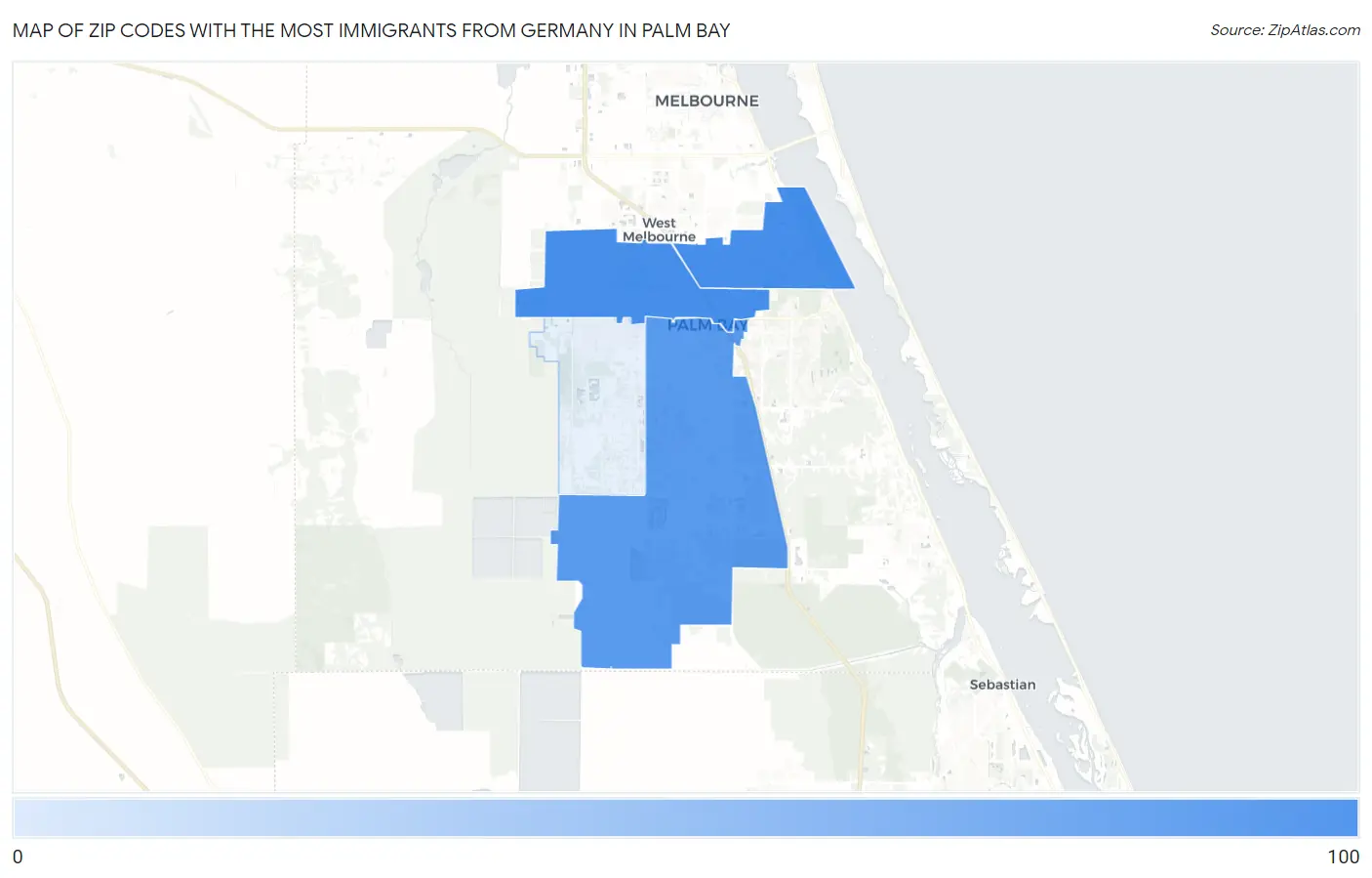 Zip Codes with the Most Immigrants from Germany in Palm Bay Map