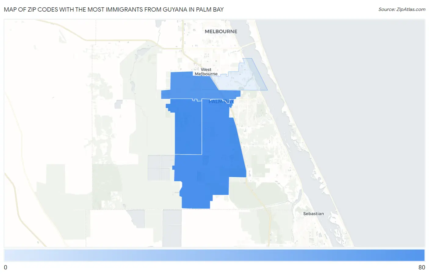 Zip Codes with the Most Immigrants from Guyana in Palm Bay Map