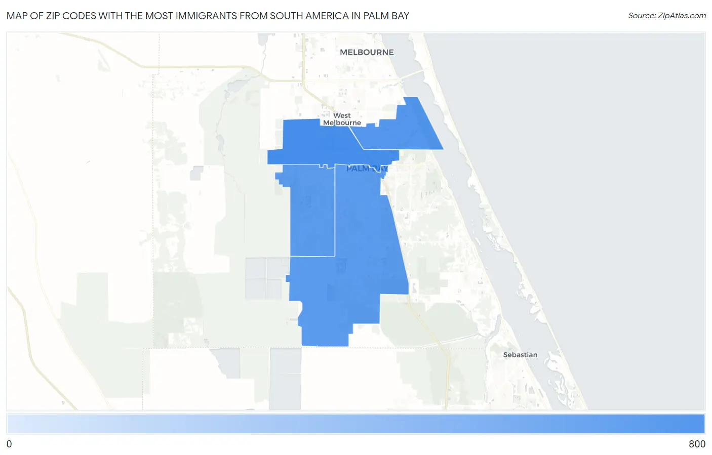 Zip Codes with the Most Immigrants from South America in Palm Bay Map