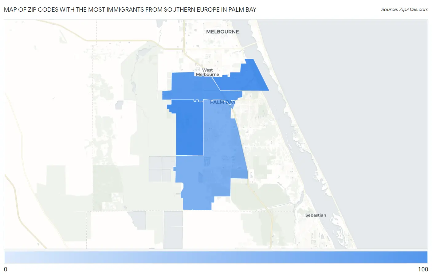 Zip Codes with the Most Immigrants from Southern Europe in Palm Bay Map