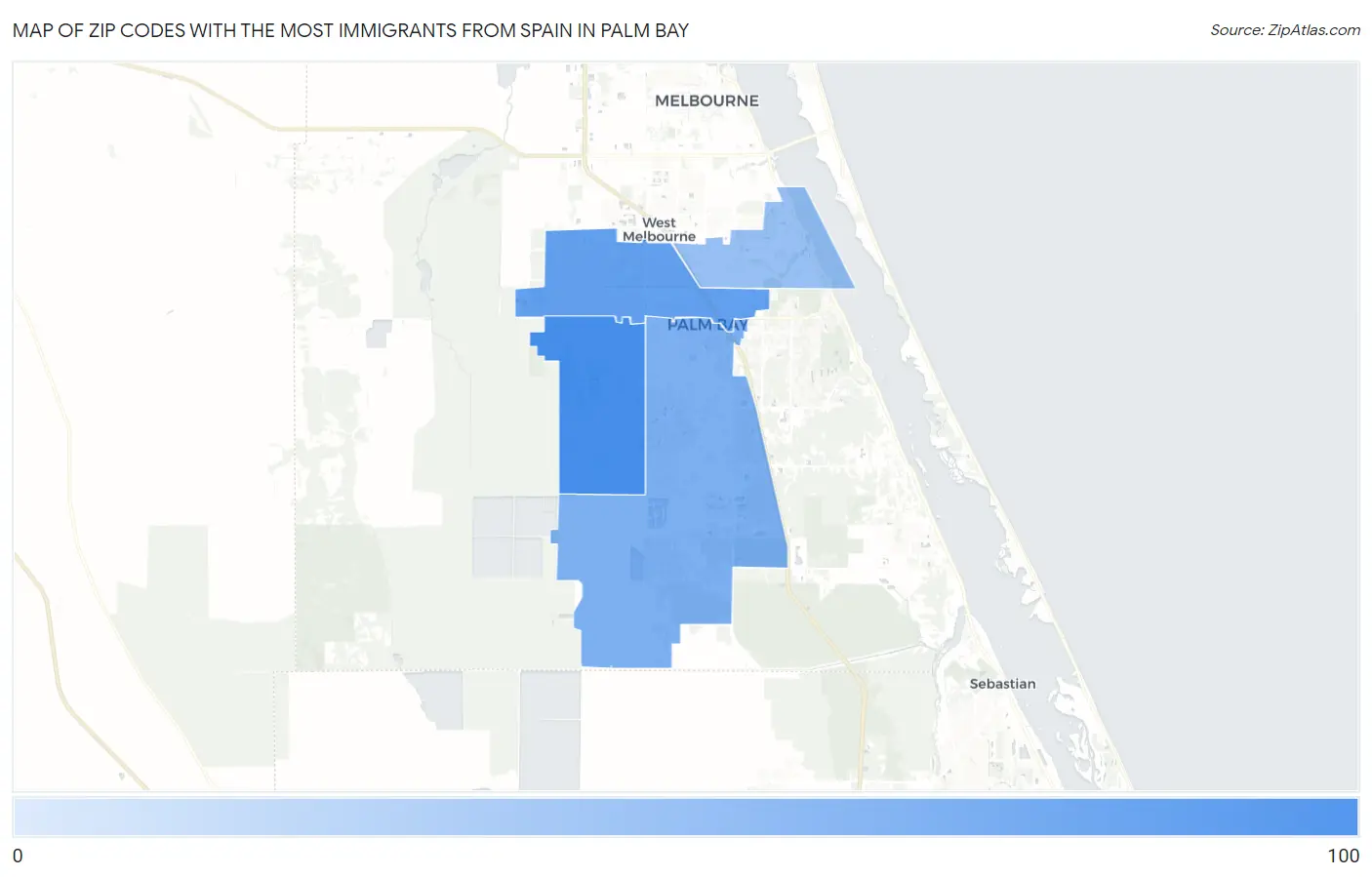 Zip Codes with the Most Immigrants from Spain in Palm Bay Map