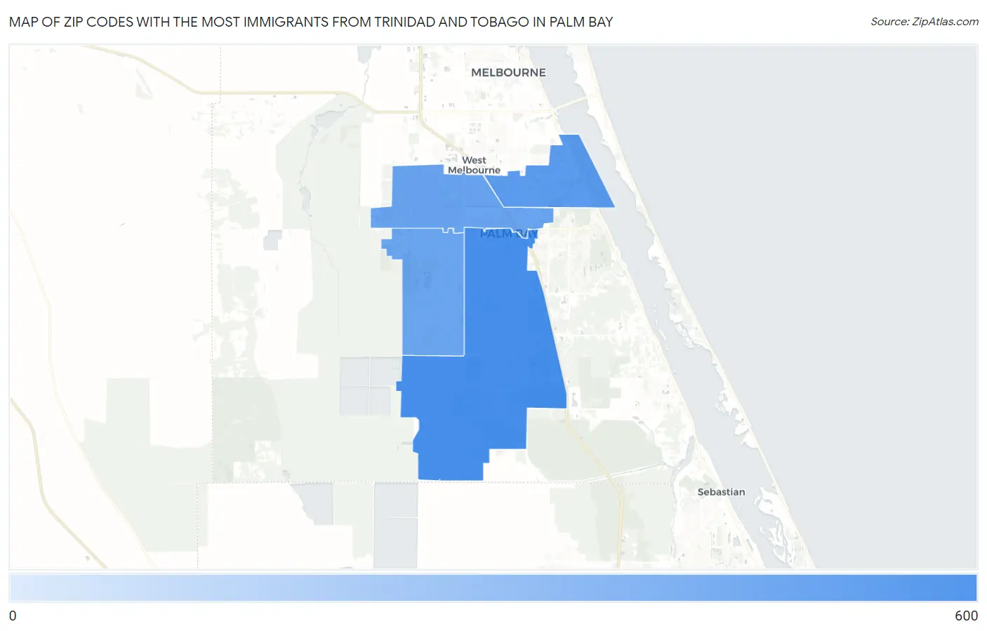 Zip Codes with the Most Immigrants from Trinidad and Tobago in Palm Bay Map