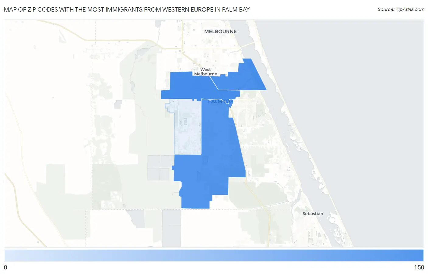 Zip Codes with the Most Immigrants from Western Europe in Palm Bay Map