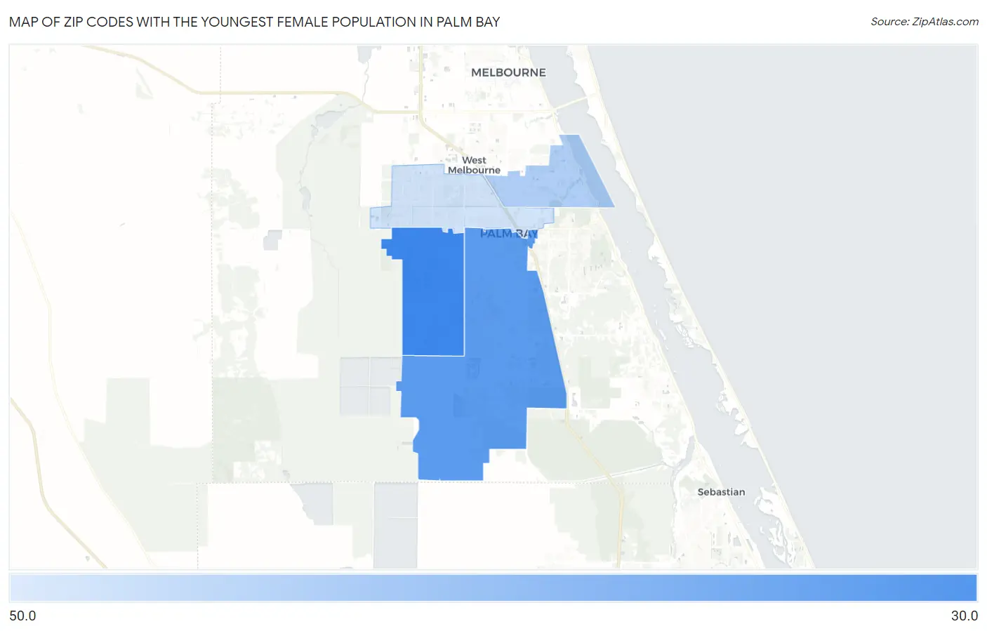 Zip Codes with the Youngest Female Population in Palm Bay Map