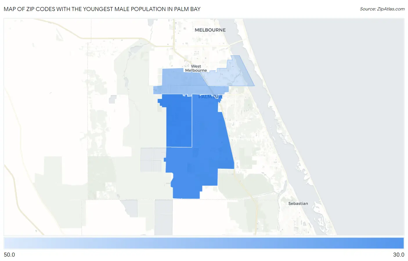Zip Codes with the Youngest Male Population in Palm Bay Map