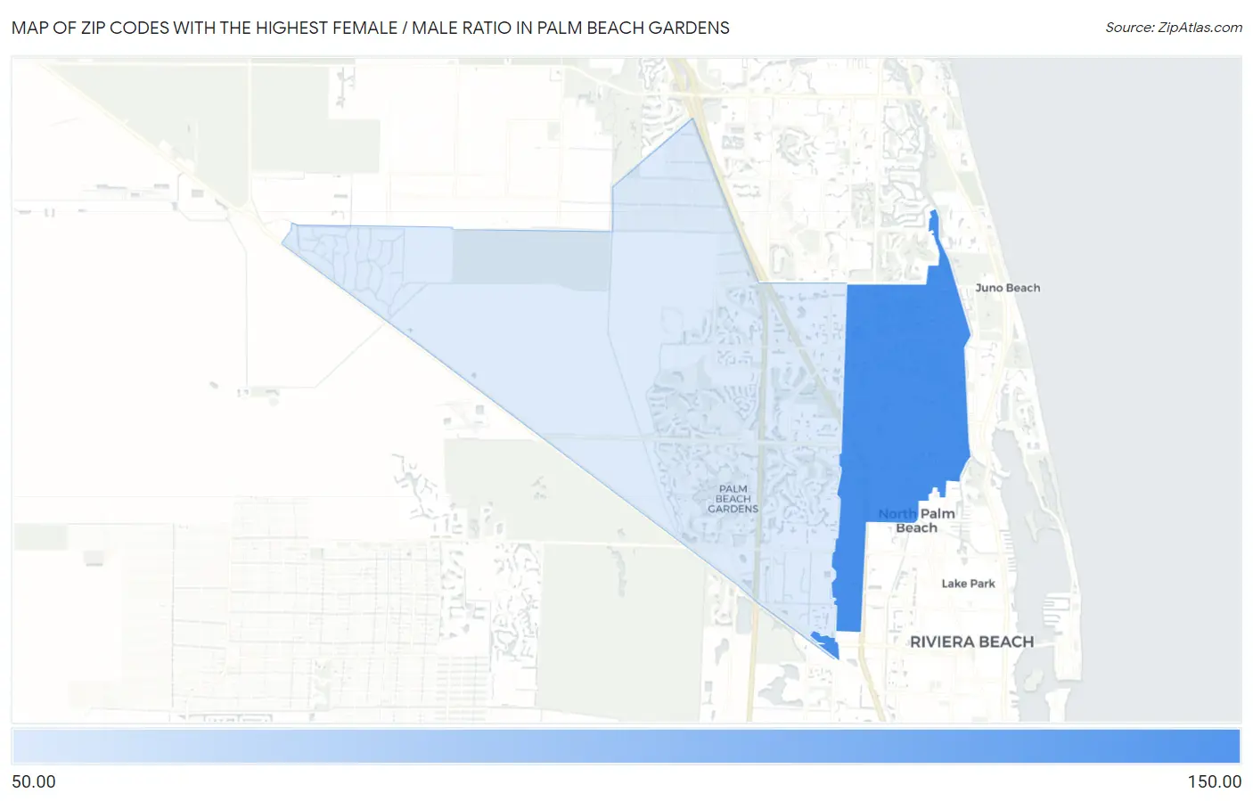 Zip Codes with the Highest Female / Male Ratio in Palm Beach Gardens Map