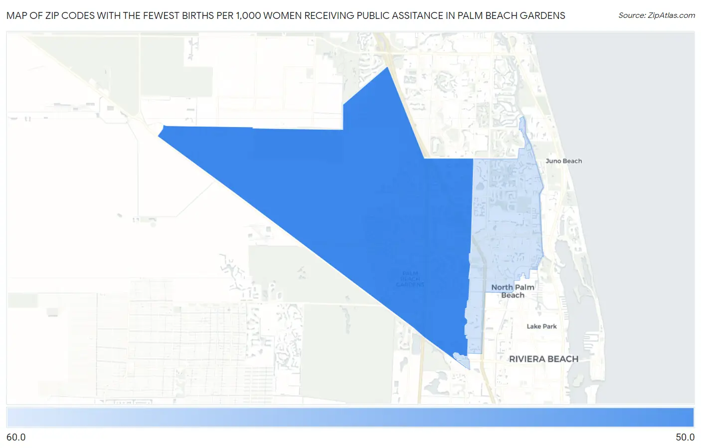 Zip Codes with the Fewest Births per 1,000 Women Receiving Public Assitance in Palm Beach Gardens Map