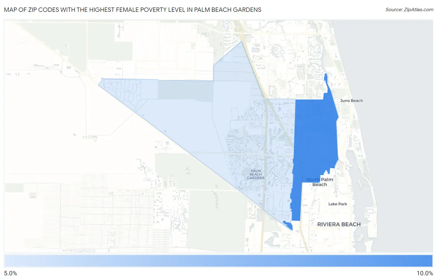 Zip Codes with the Highest Female Poverty Level in Palm Beach Gardens Map