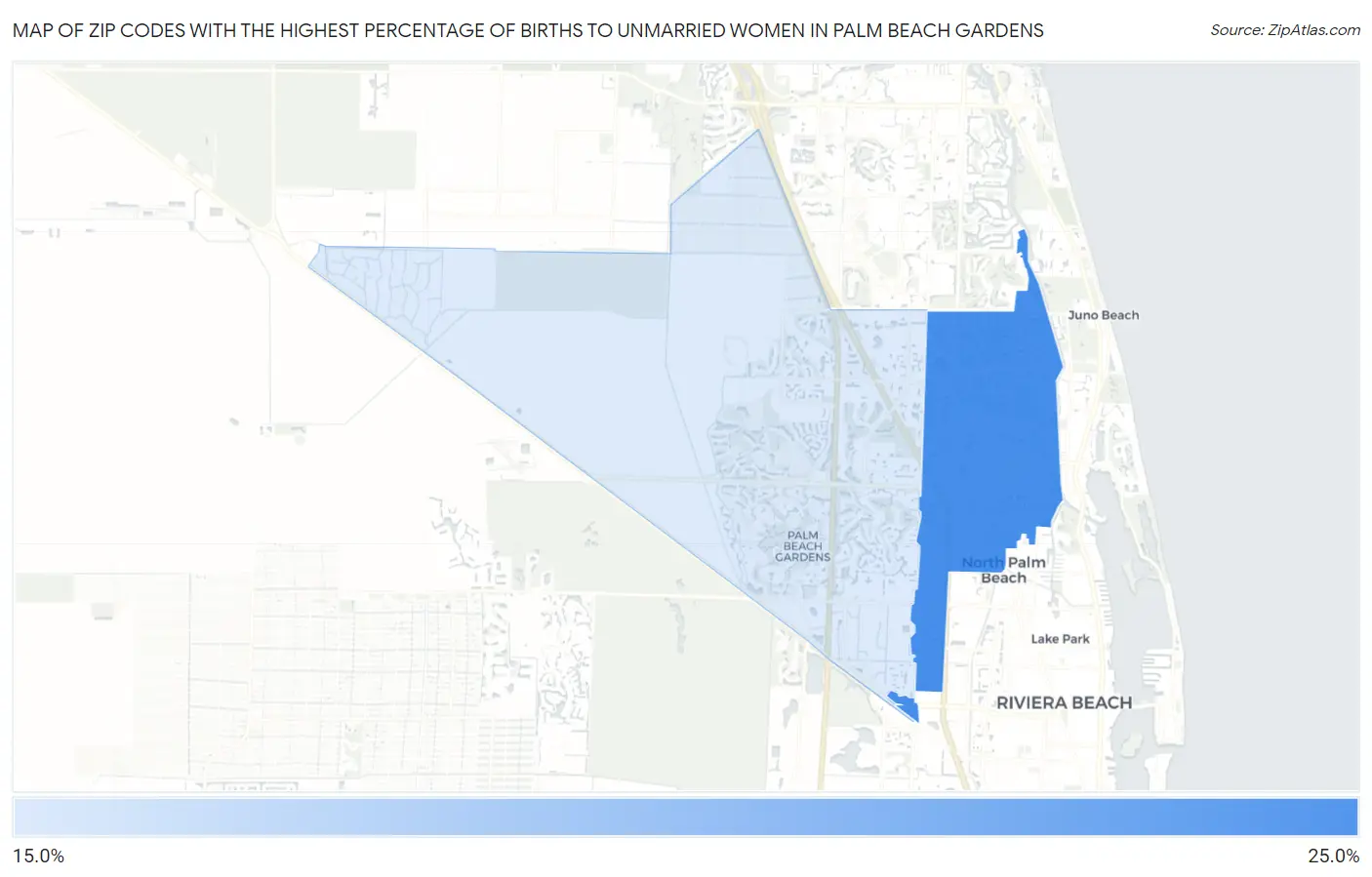 Zip Codes with the Highest Percentage of Births to Unmarried Women in Palm Beach Gardens Map