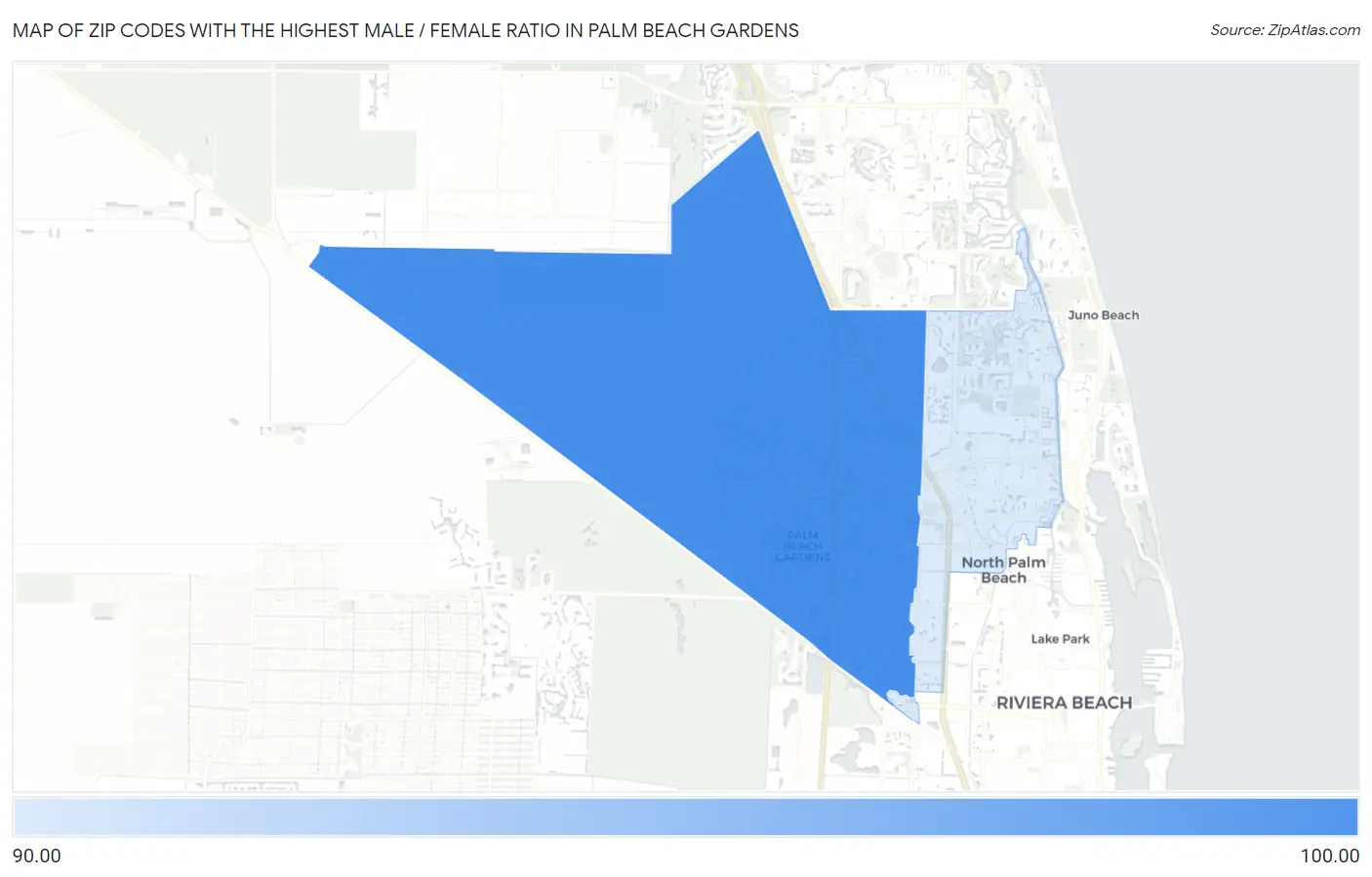 Zip Codes with the Highest Male / Female Ratio in Palm Beach Gardens Map