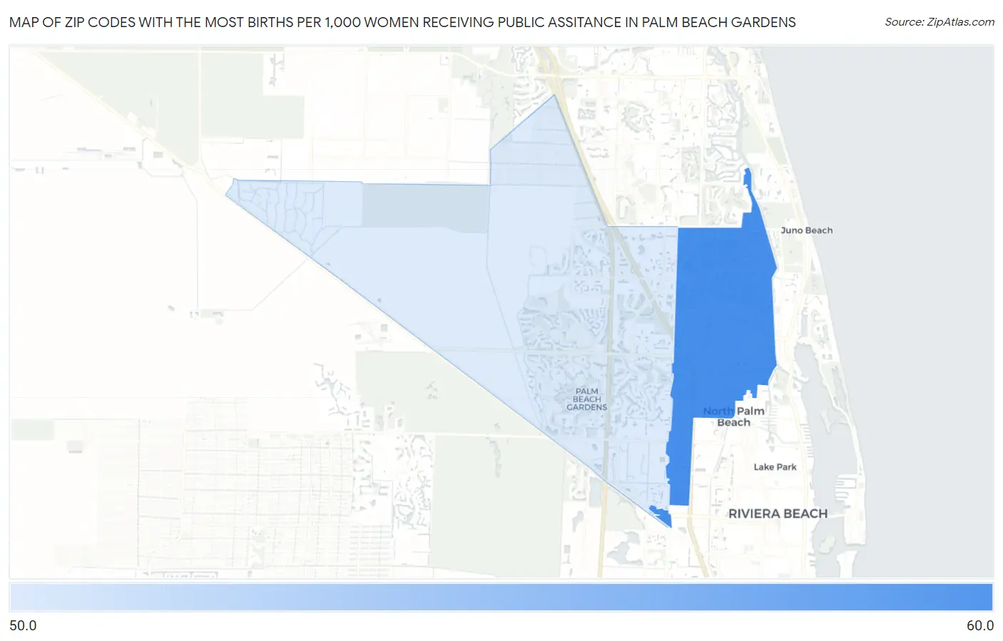 Zip Codes with the Most Births per 1,000 Women Receiving Public Assitance in Palm Beach Gardens Map