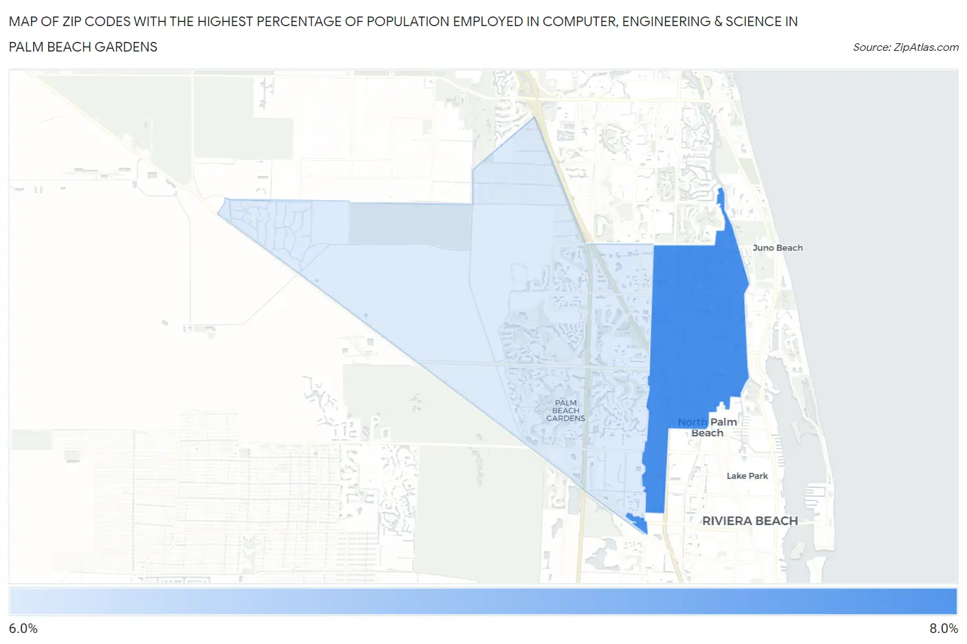 Zip Codes with the Highest Percentage of Population Employed in Computer, Engineering & Science in Palm Beach Gardens Map