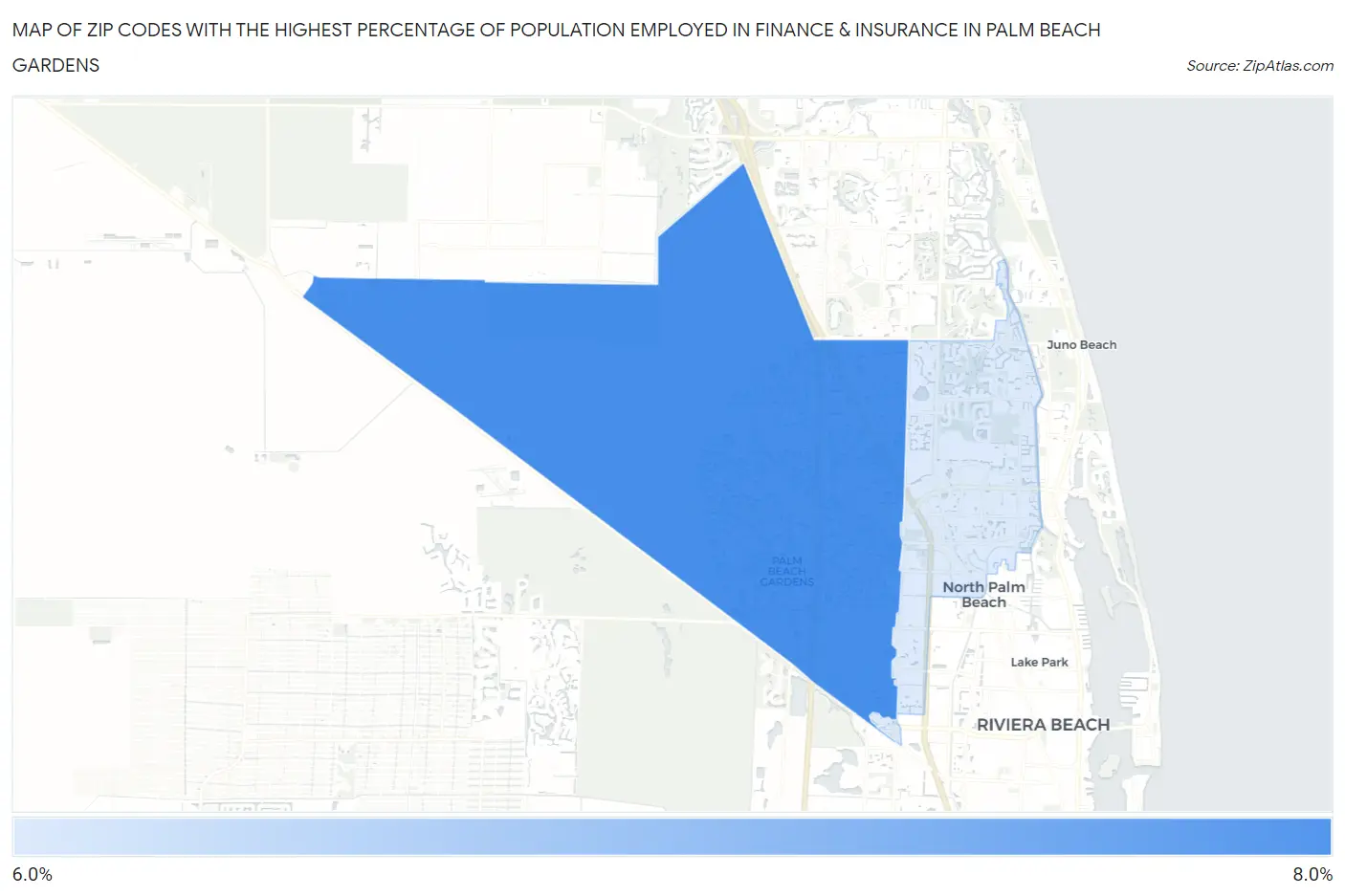 Zip Codes with the Highest Percentage of Population Employed in Finance & Insurance in Palm Beach Gardens Map