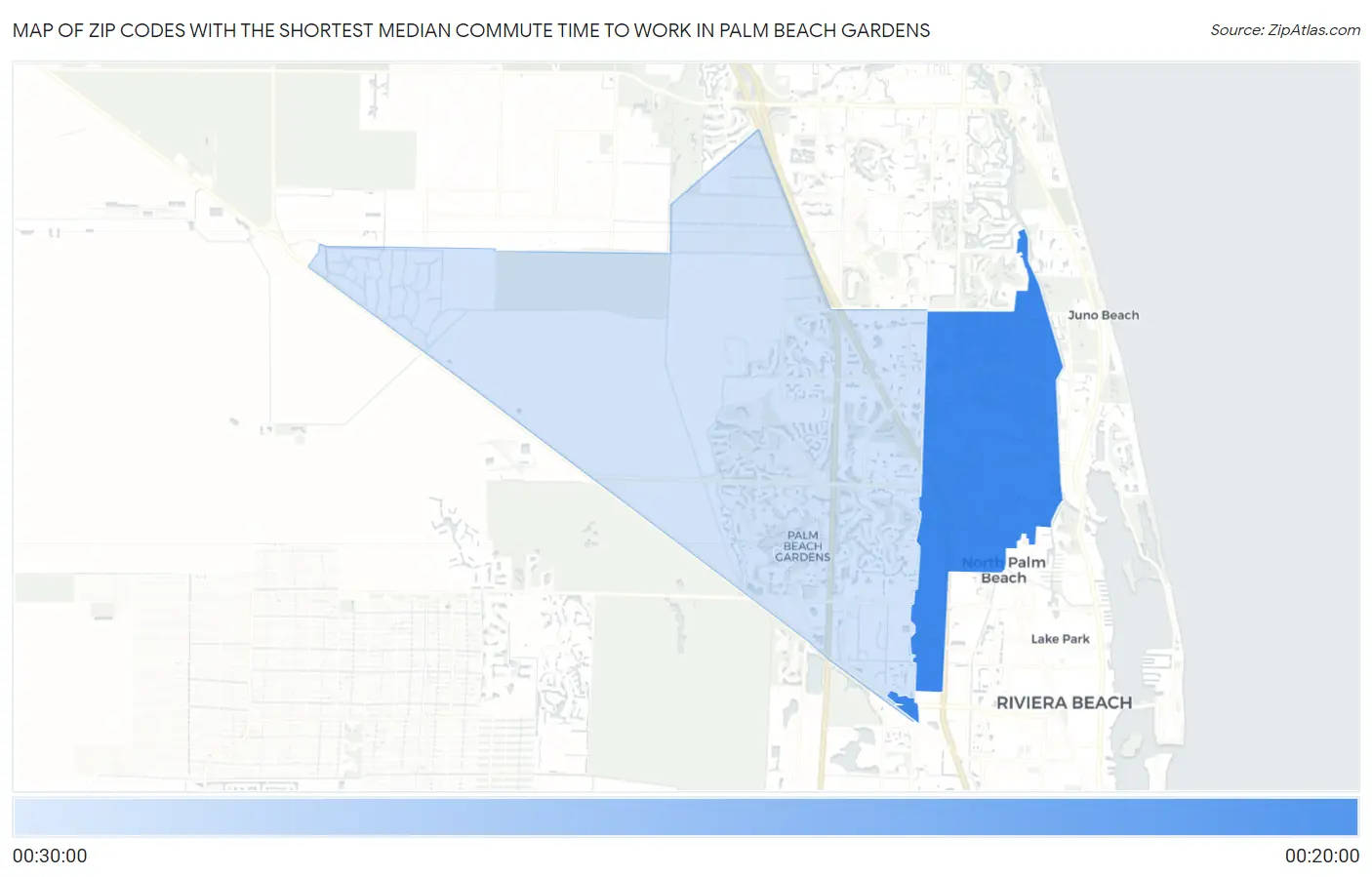 Zip Codes with the Shortest Median Commute Time to Work in Palm Beach Gardens Map