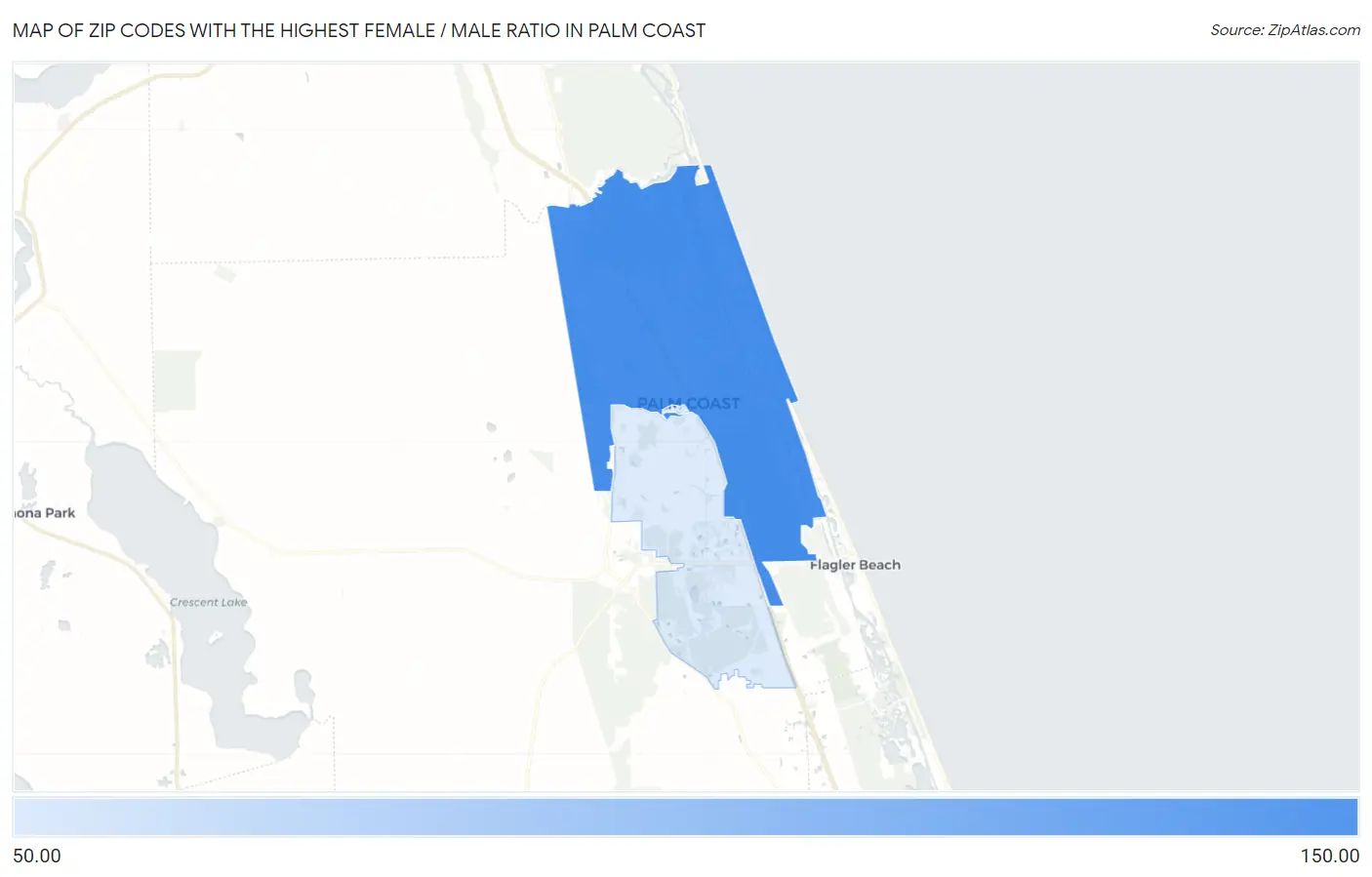 Zip Codes with the Highest Female / Male Ratio in Palm Coast Map
