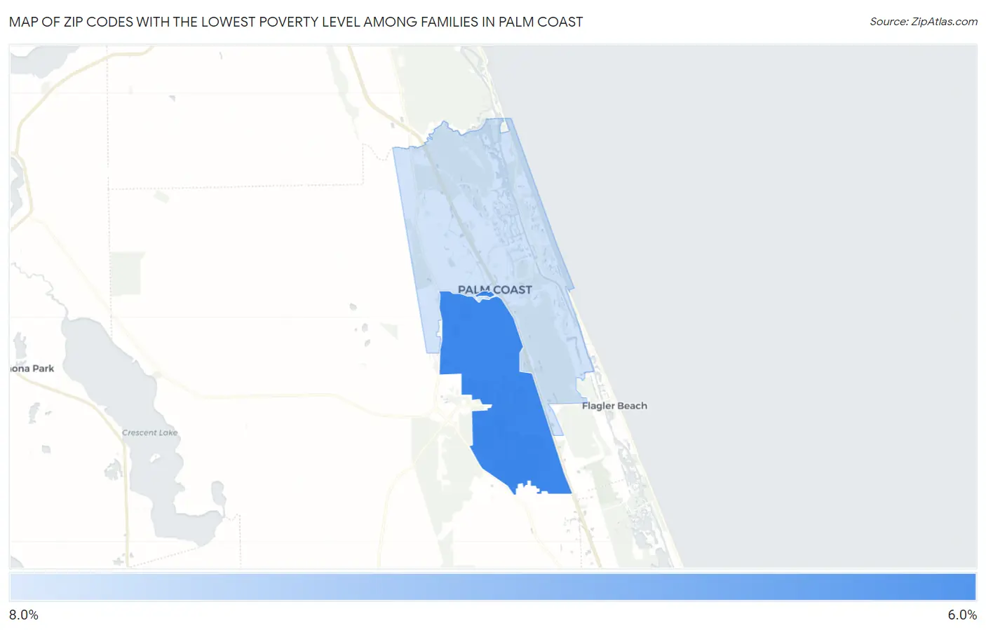 Zip Codes with the Lowest Poverty Level Among Families in Palm Coast Map