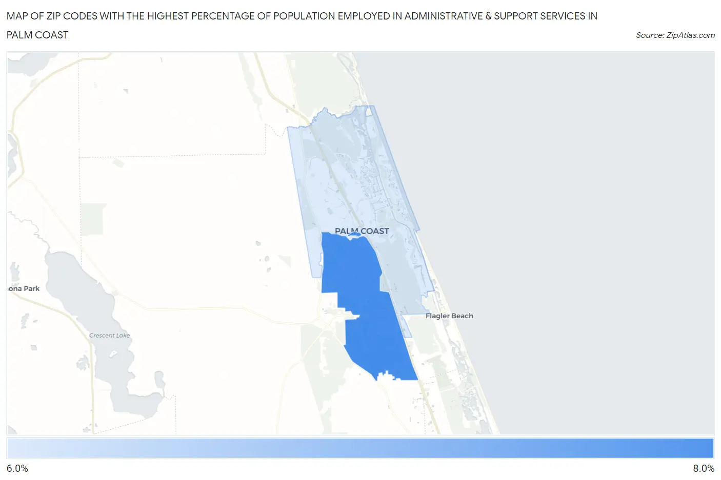 Zip Codes with the Highest Percentage of Population Employed in Administrative & Support Services in Palm Coast Map