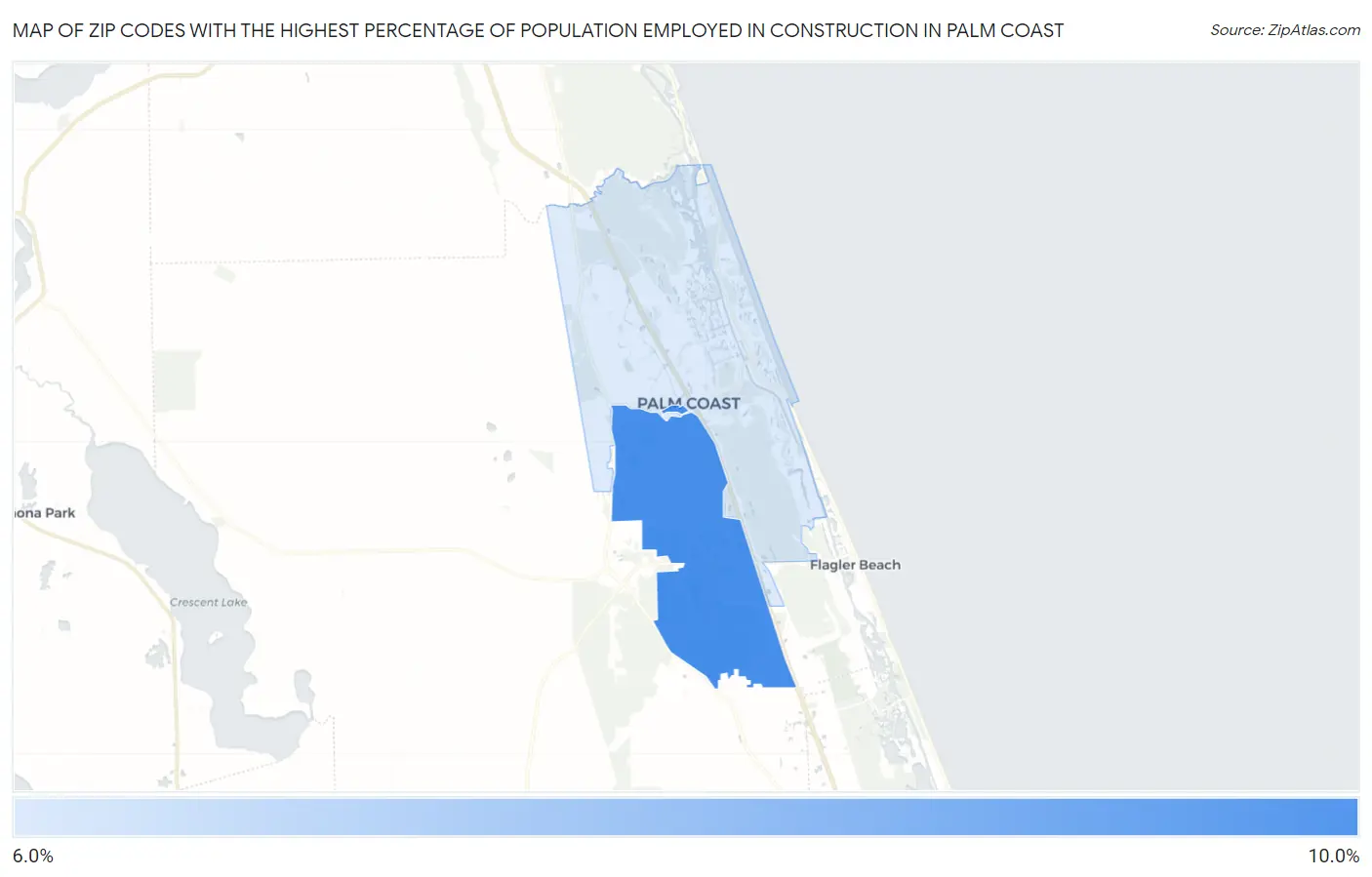 Zip Codes with the Highest Percentage of Population Employed in Construction in Palm Coast Map