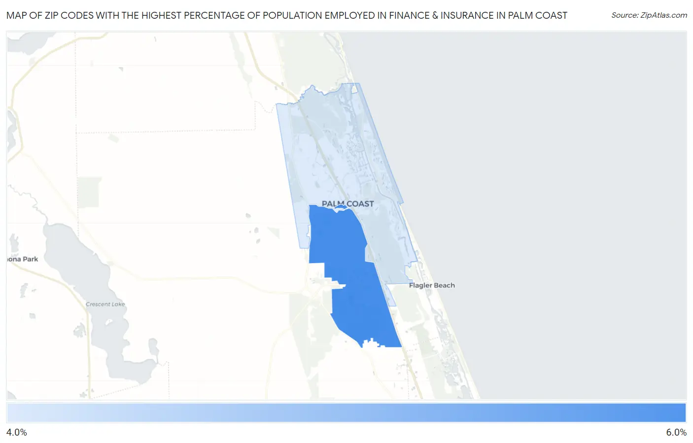 Zip Codes with the Highest Percentage of Population Employed in Finance & Insurance in Palm Coast Map