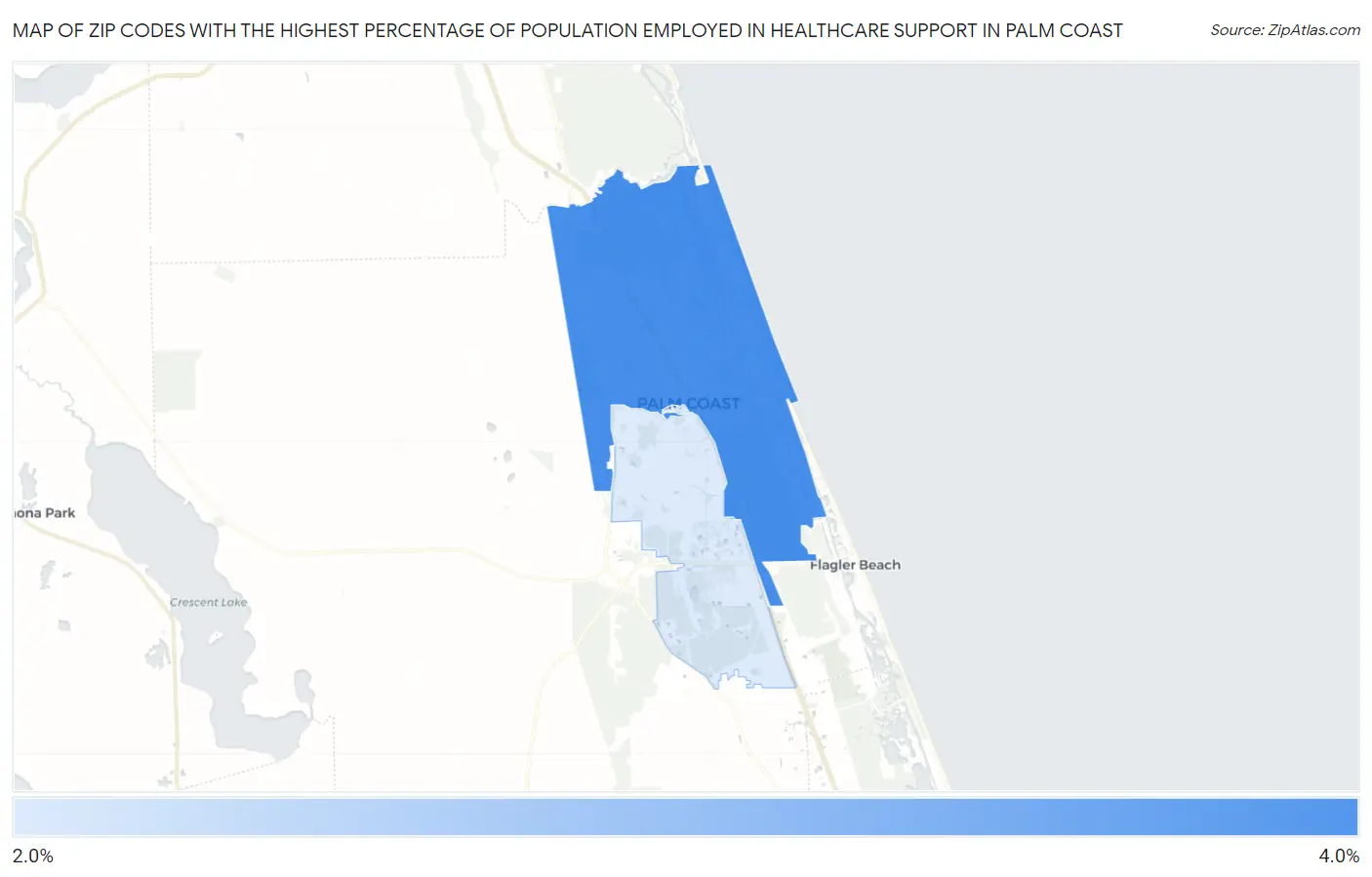 Zip Codes with the Highest Percentage of Population Employed in Healthcare Support in Palm Coast Map