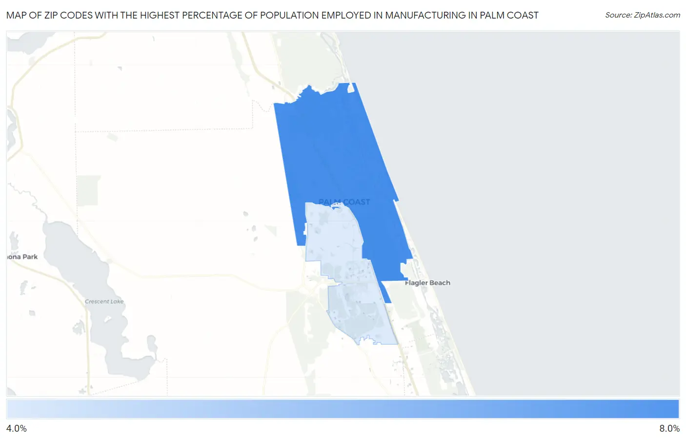 Zip Codes with the Highest Percentage of Population Employed in Manufacturing in Palm Coast Map