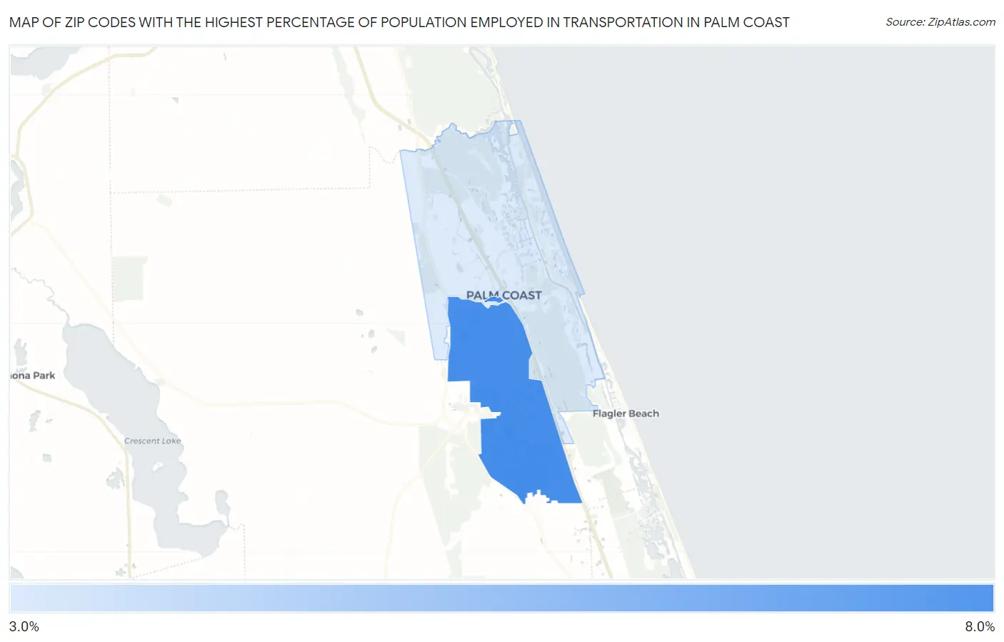Zip Codes with the Highest Percentage of Population Employed in Transportation in Palm Coast Map