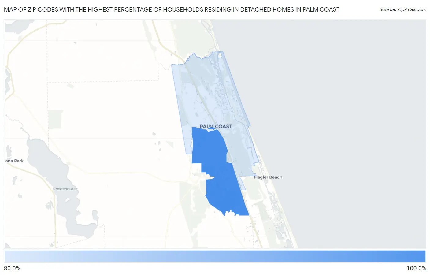 Zip Codes with the Highest Percentage of Households Residing in Detached Homes in Palm Coast Map