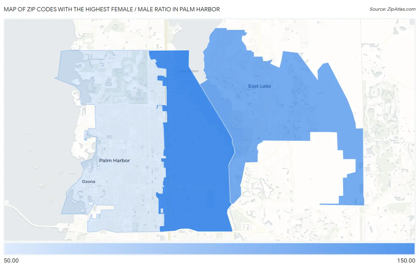 Zip Codes with the Highest Female / Male Ratio in Palm Harbor Map