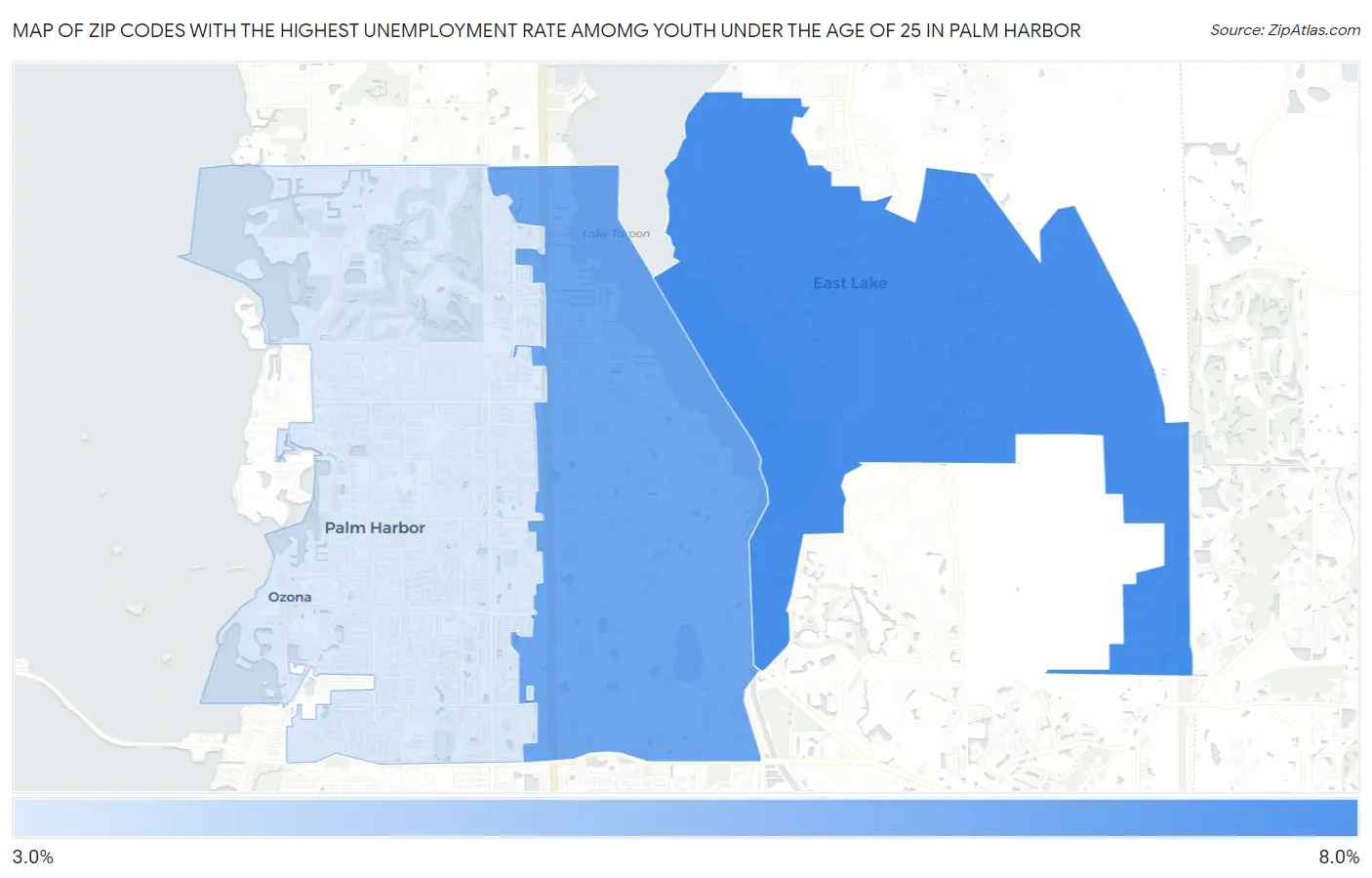 Zip Codes with the Highest Unemployment Rate Amomg Youth Under the Age of 25 in Palm Harbor Map