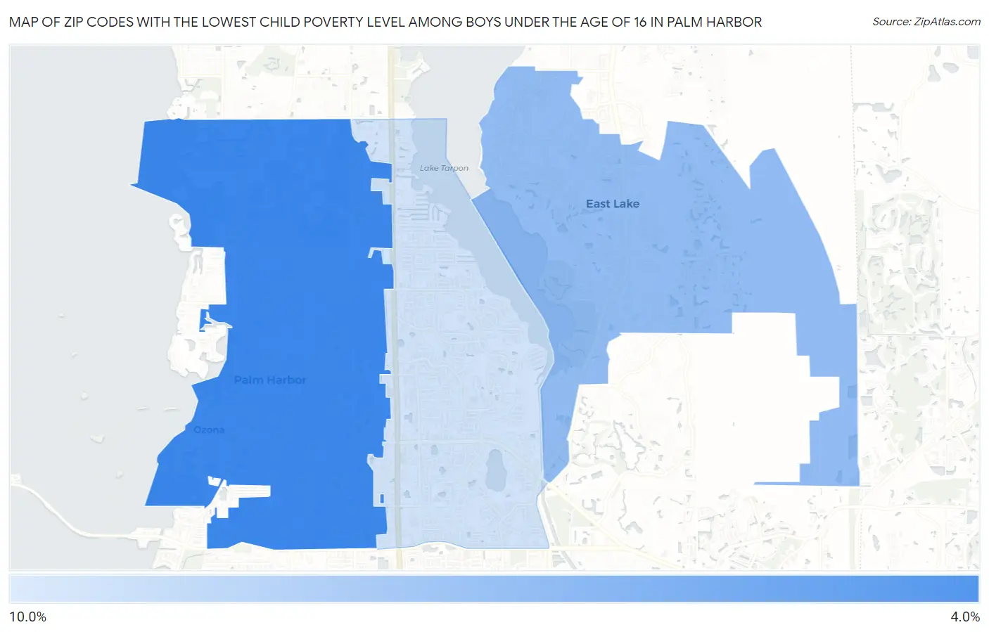 Zip Codes with the Lowest Child Poverty Level Among Boys Under the Age of 16 in Palm Harbor Map