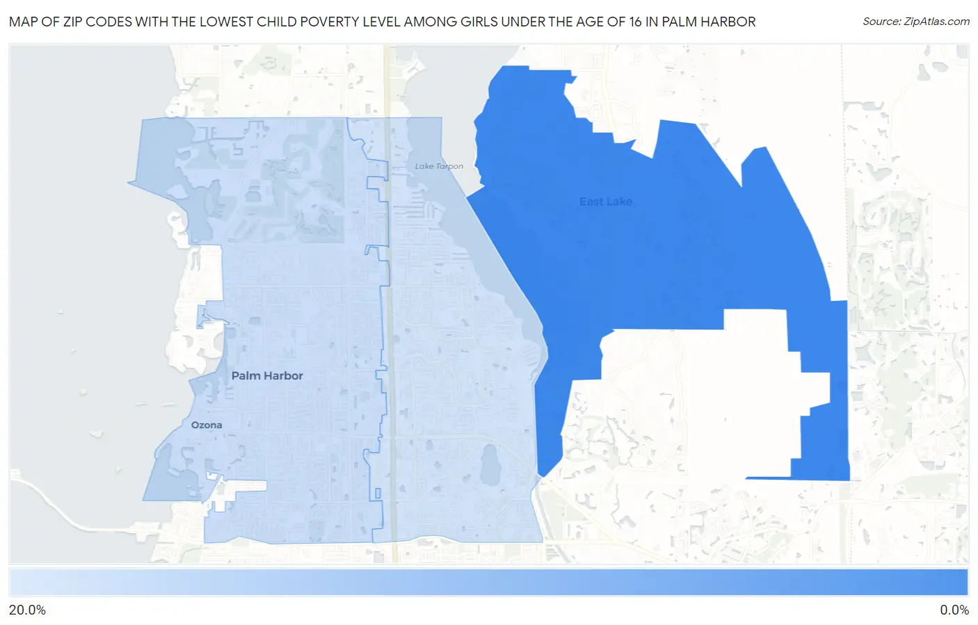 Zip Codes with the Lowest Child Poverty Level Among Girls Under the Age of 16 in Palm Harbor Map