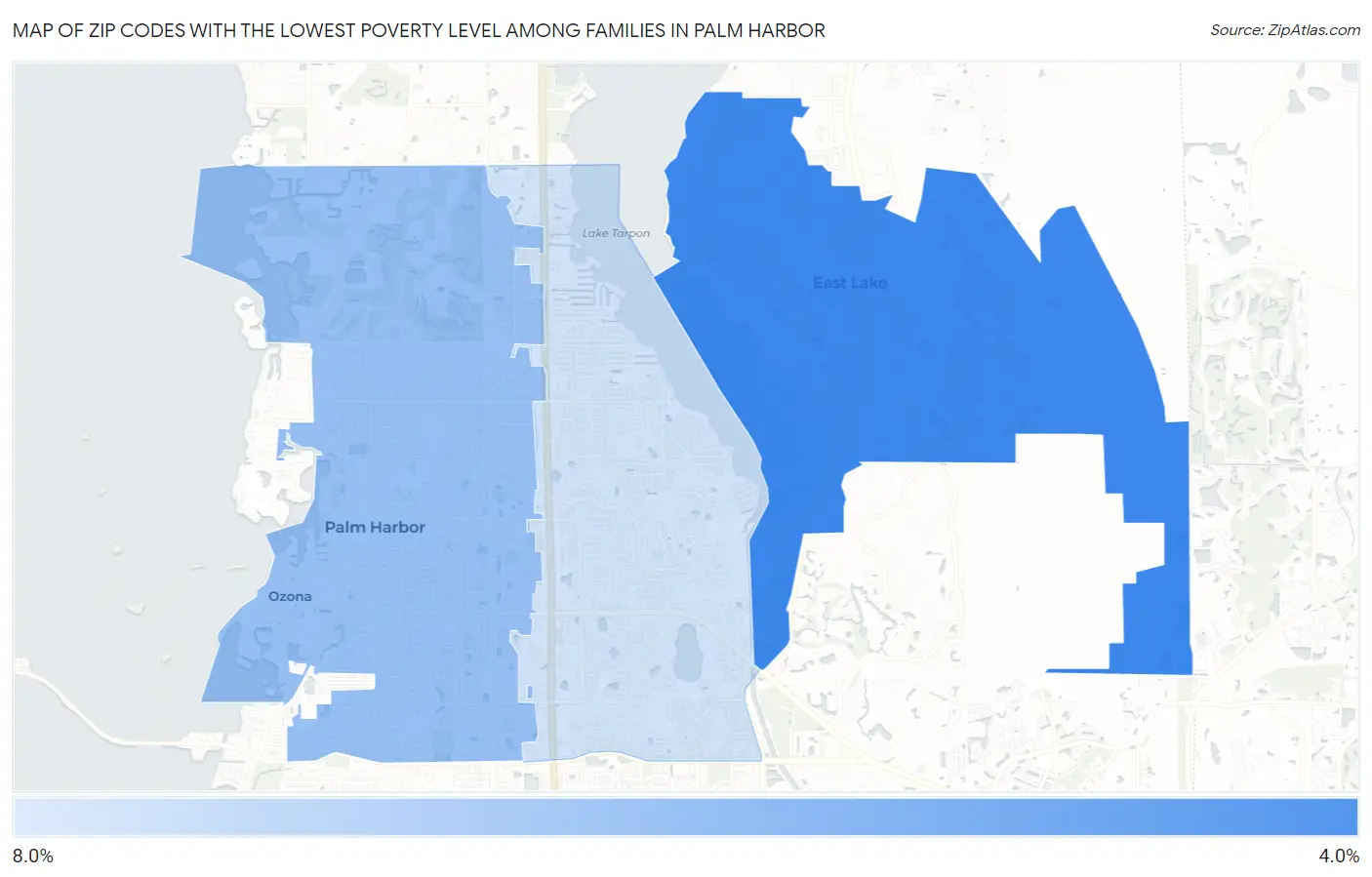 Zip Codes with the Lowest Poverty Level Among Families in Palm Harbor Map